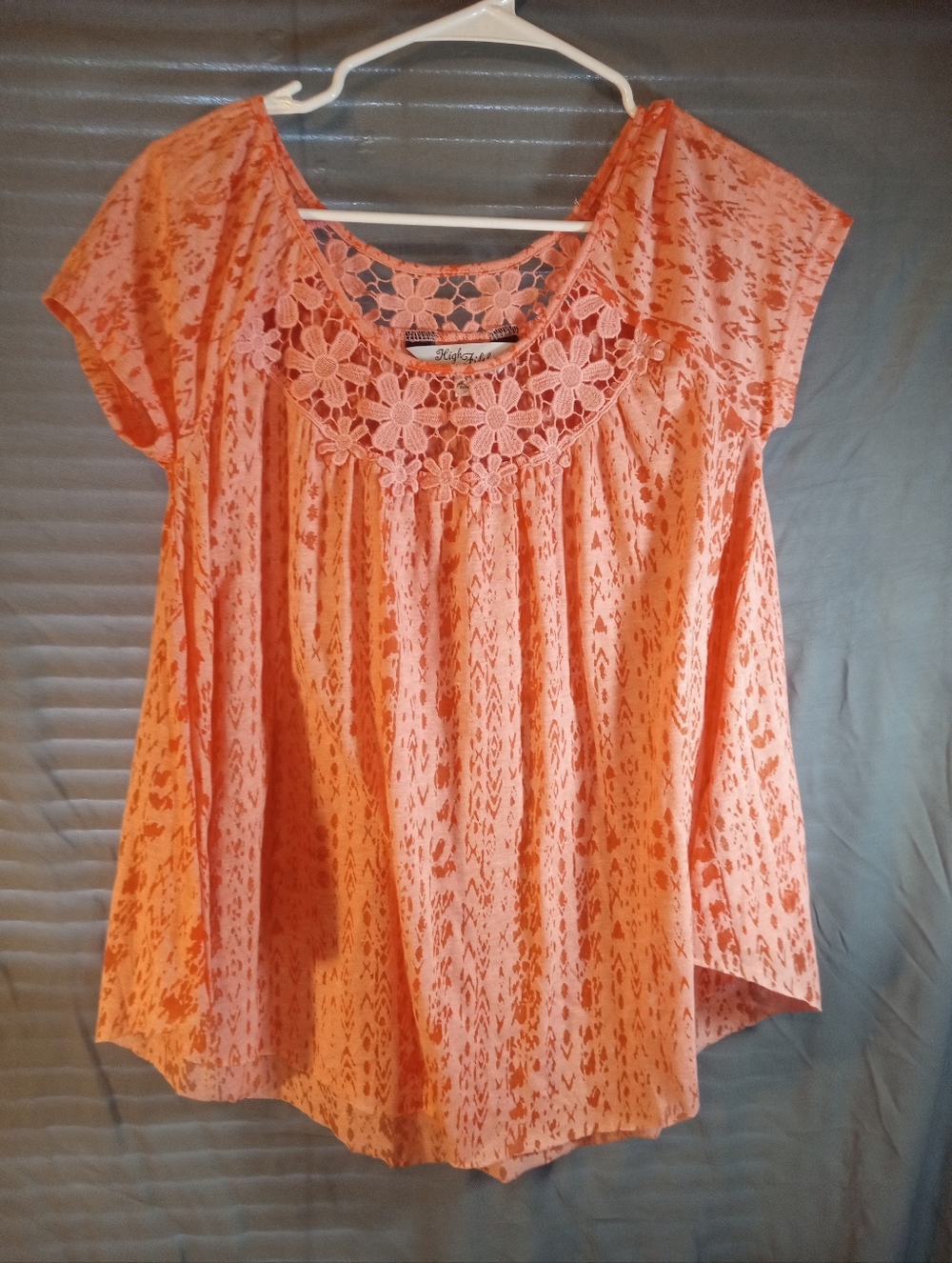 High Fifth Coral Lace-Yoke Short Sleeve Blouse